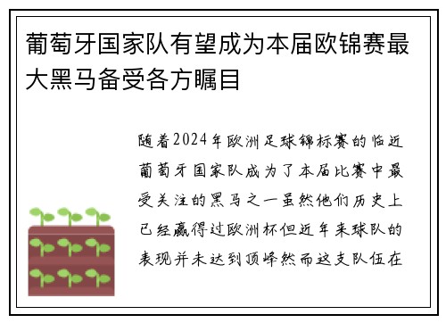 葡萄牙国家队有望成为本届欧锦赛最大黑马备受各方瞩目