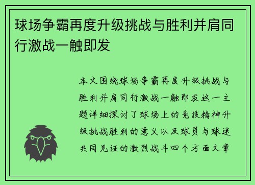 球场争霸再度升级挑战与胜利并肩同行激战一触即发