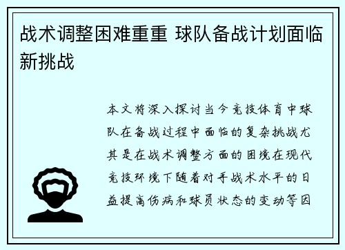 战术调整困难重重 球队备战计划面临新挑战