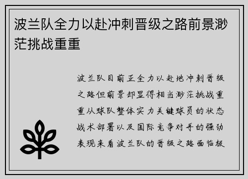 波兰队全力以赴冲刺晋级之路前景渺茫挑战重重